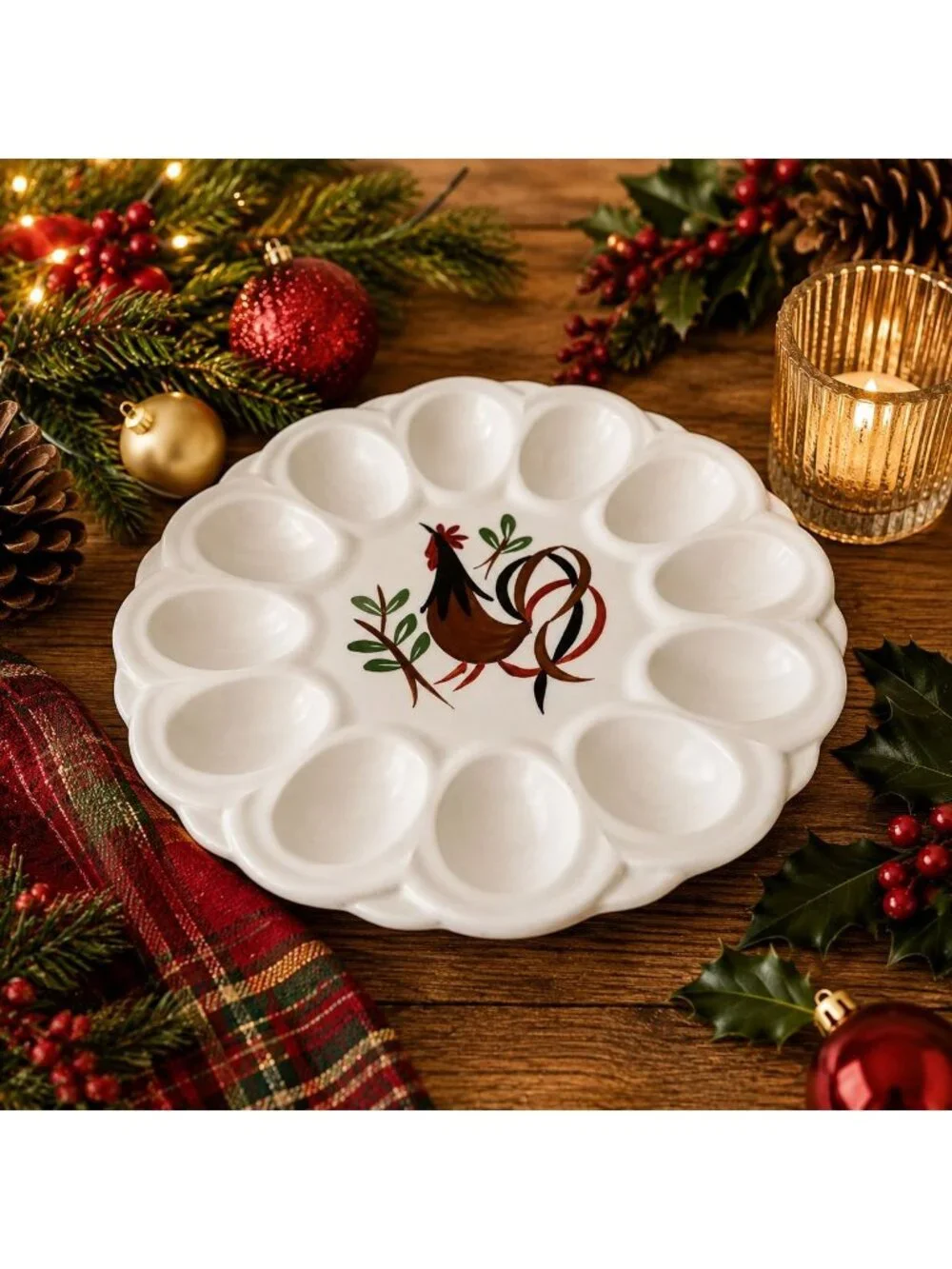 Ceramic Deviled Egg Platter White Rooster Farmhouse Easter Vintage Serving Tray